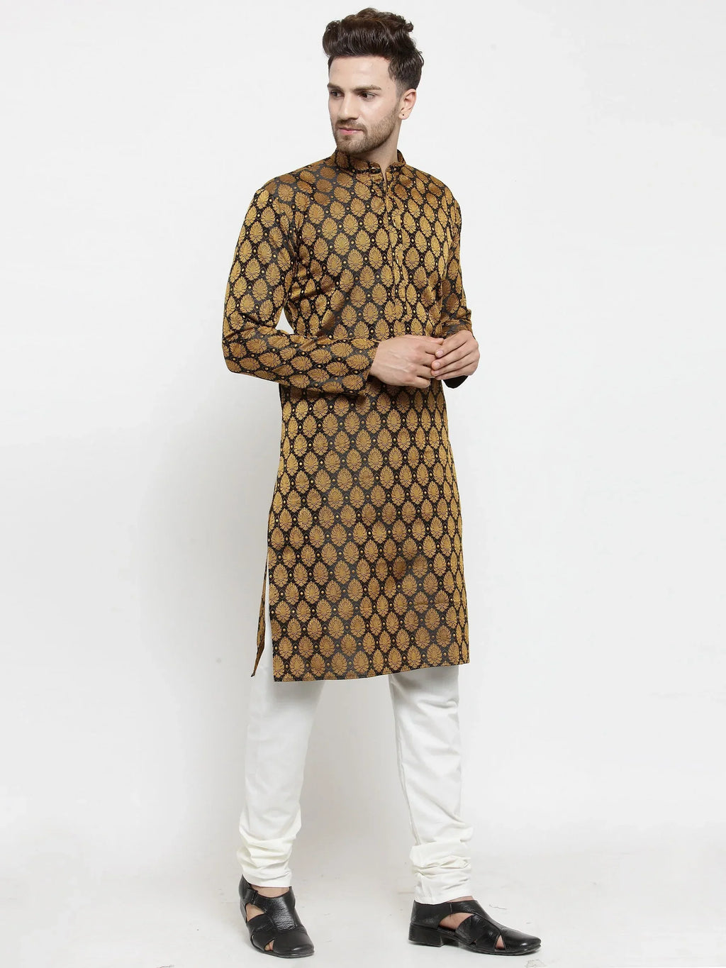 Men Black-Colored & Golden Self Design Kurta with Churidar ( JOKP 586 Black )-JOKP-586