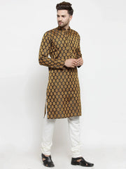 Men Black-Colored & Golden Self Design Kurta with Churidar ( JOKP 586 Black )-JOKP-586