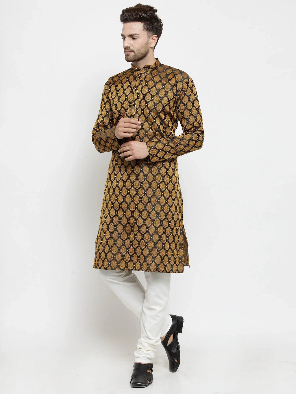 Men Black-Colored & Golden Self Design Kurta with Churidar ( JOKP 586 Black )-JOKP-586