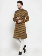 Men Black-Colored & Golden Self Design Kurta with Churidar ( JOKP 586 Black )-JOKP-586