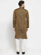 Men Black-Colored & Golden Self Design Kurta with Churidar ( JOKP 586 Black )-JOKP-586