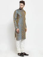 Men Blue-Colored & Golden Self Design Kurta with Churidar ( JOKP 586 Blue )-JOKP-586