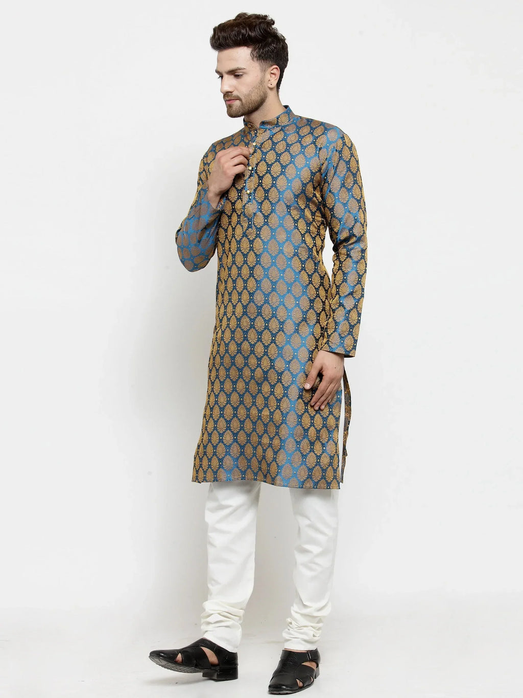 Men Blue-Colored & Golden Self Design Kurta with Churidar ( JOKP 586 Blue )-JOKP-586