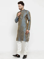 Men Blue-Colored & Golden Self Design Kurta with Churidar ( JOKP 586 Blue )-JOKP-586