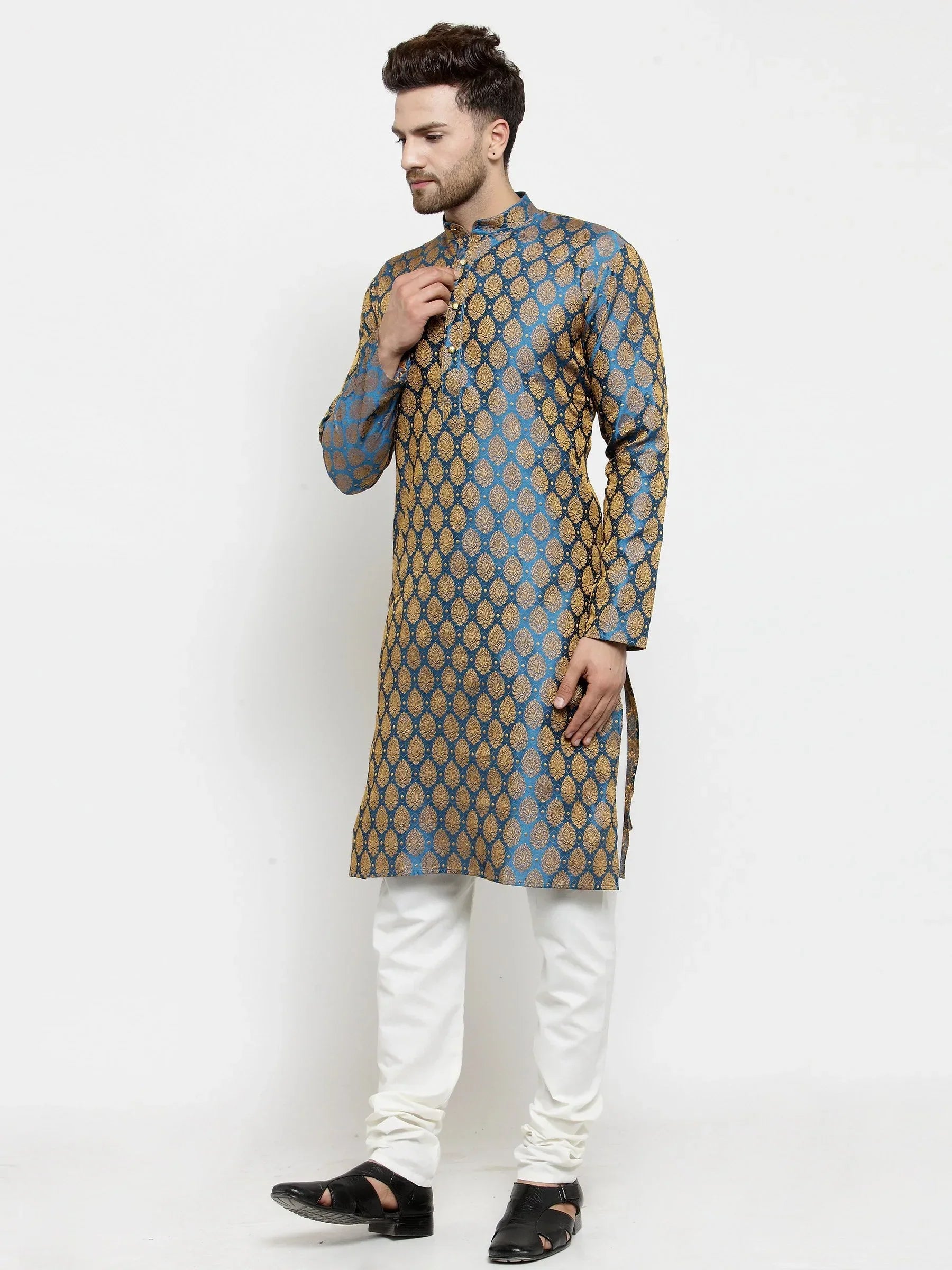 Men Blue-Colored & Golden Self Design Kurta with Churidar ( JOKP 586 Blue )-JOKP-586