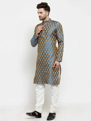 Men Blue-Colored & Golden Self Design Kurta with Churidar ( JOKP 586 Blue )-JOKP-586