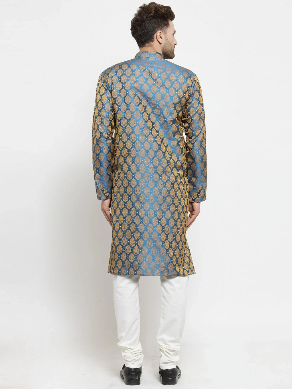 Men Blue-Colored & Golden Self Design Kurta with Churidar ( JOKP 586 Blue )-JOKP-586