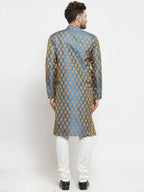 Men Blue-Colored & Golden Self Design Kurta with Churidar ( JOKP 586 Blue )-JOKP-586
