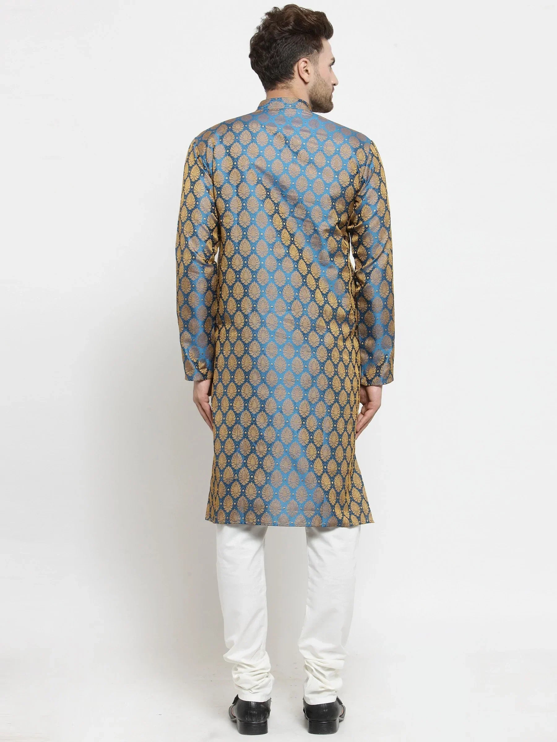 Men Blue-Colored & Golden Self Design Kurta with Churidar ( JOKP 586 Blue )-JOKP-586