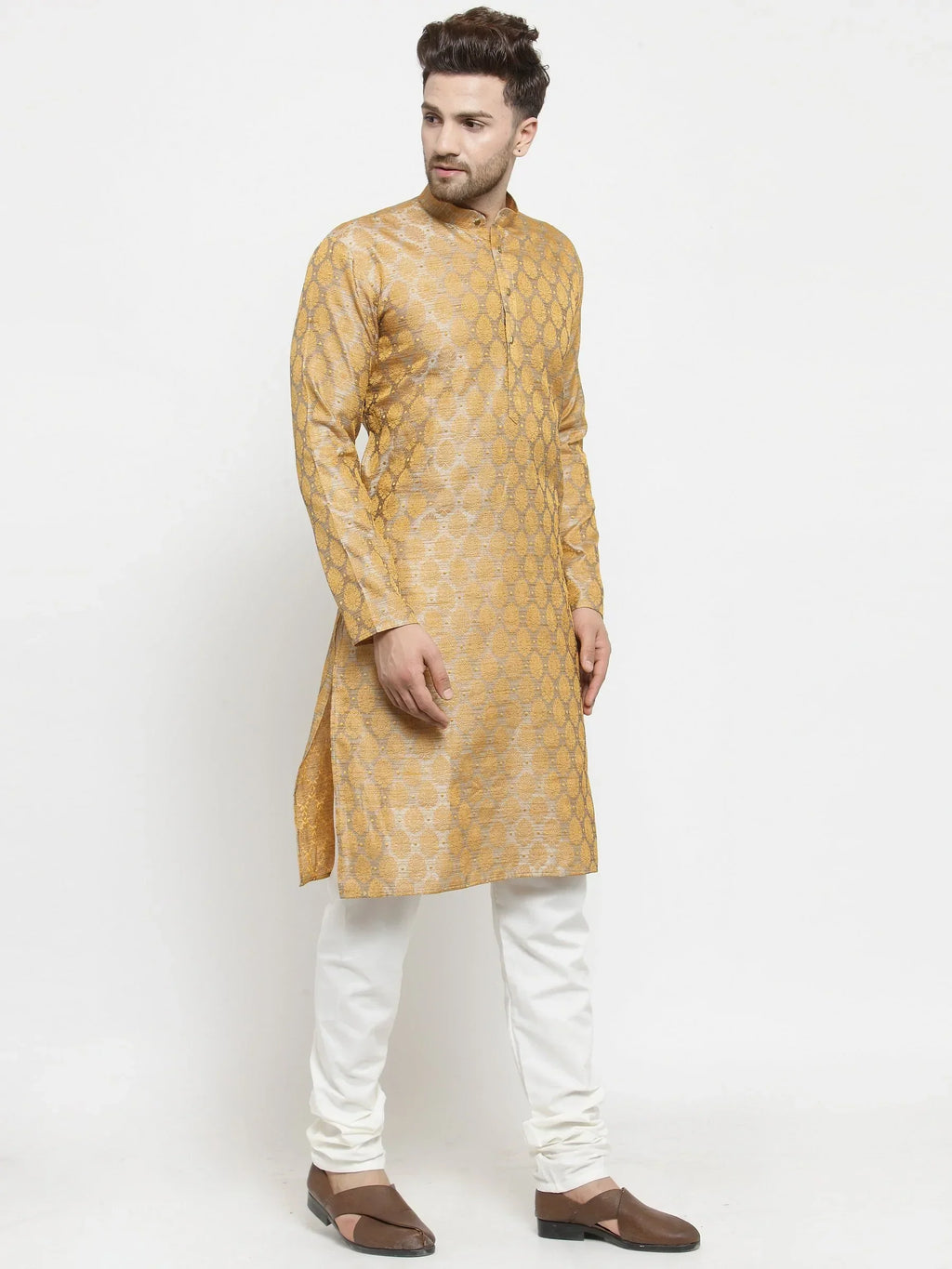 Men Silver-Colored & Golden Self Design Kurta with Churidar ( JOKP 586 Silver )-JOKP-586