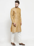 Men Silver-Colored & Golden Self Design Kurta with Churidar ( JOKP 586 Silver )-JOKP-586