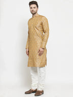 Men Silver-Colored & Golden Self Design Kurta with Churidar ( JOKP 586 Silver )-JOKP-586