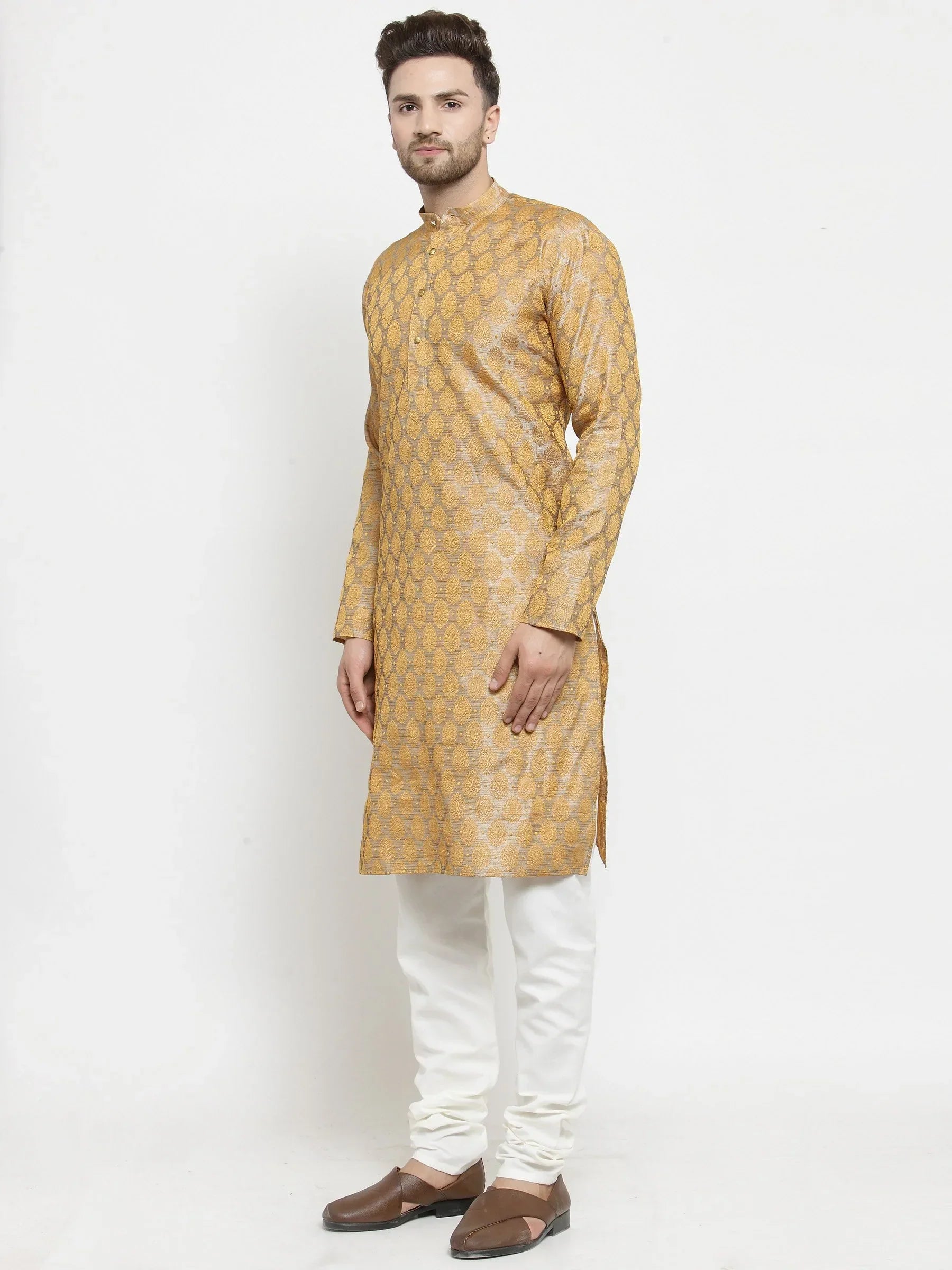 Men Silver-Colored & Golden Self Design Kurta with Churidar ( JOKP 586 Silver )-JOKP-586