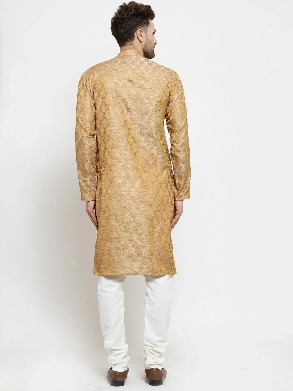Men Silver-Colored & Golden Self Design Kurta with Churidar ( JOKP 586 Silver )-JOKP-586