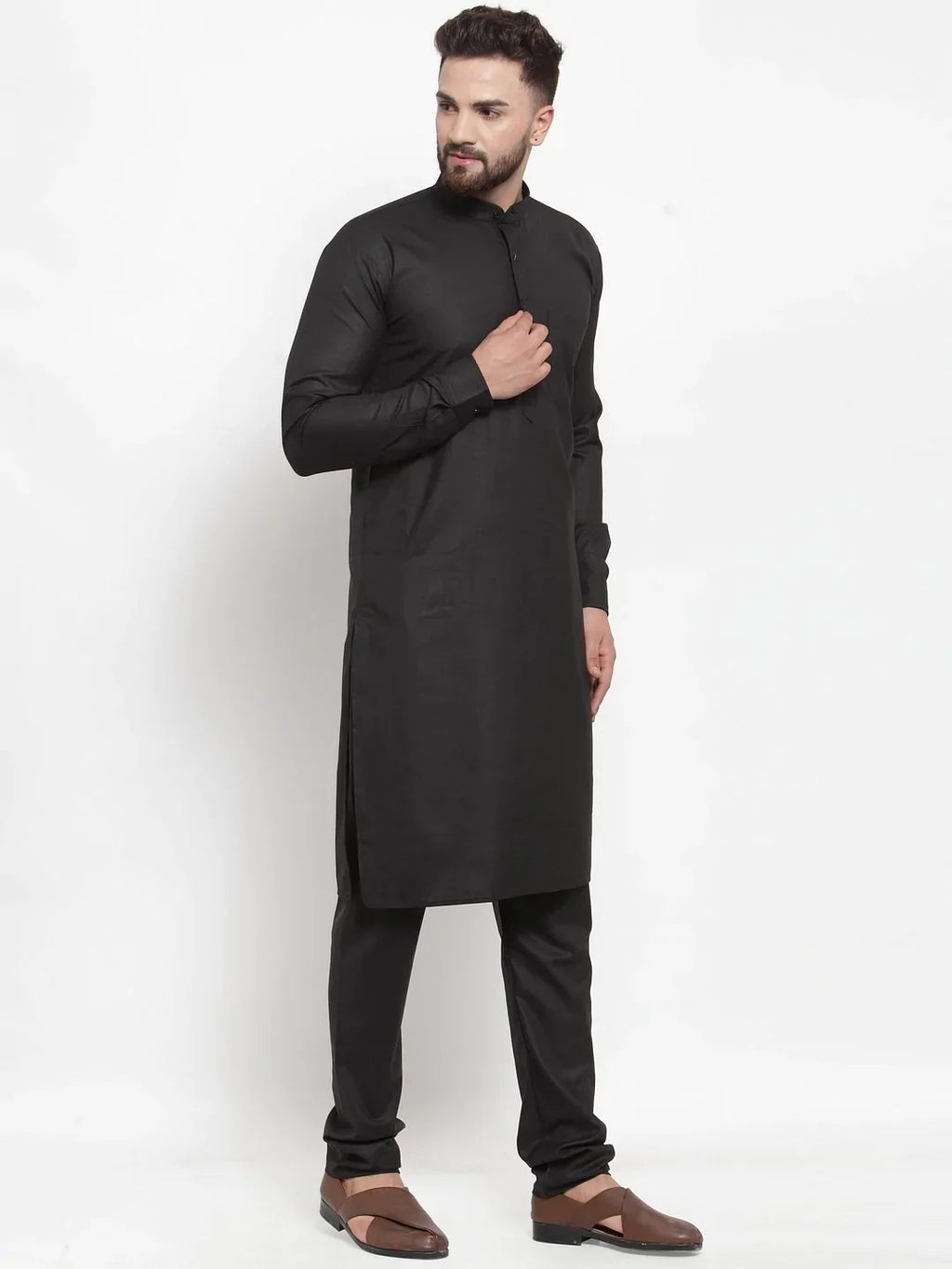 Men Black Solid Kurta with Churidar ( JOKP 592 Black )-JOKP-592