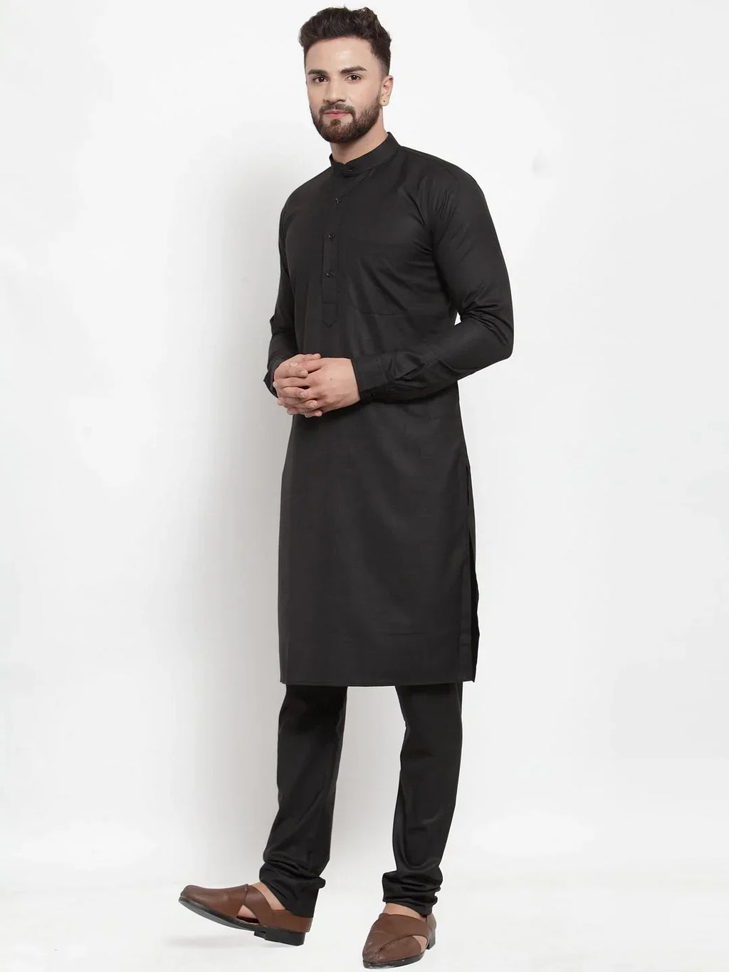 Men Black Solid Kurta with Churidar ( JOKP 592 Black )-JOKP-592