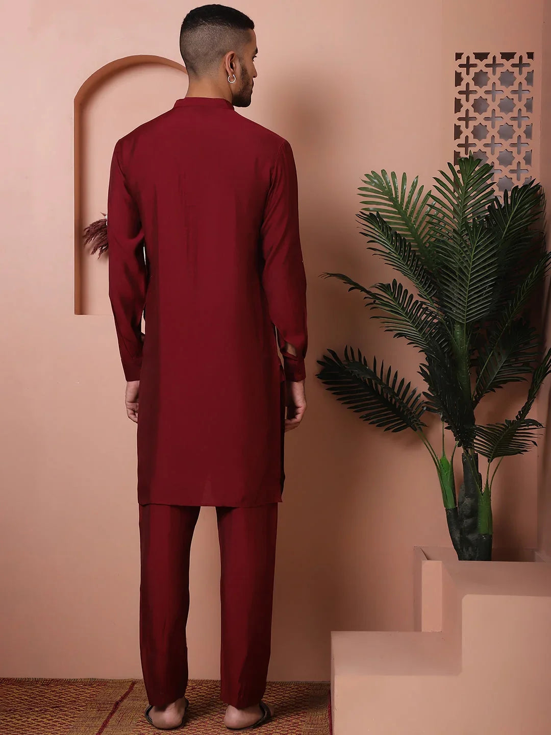 Solid Silk Blend Kurta with Churidar-JOKP-592Maroon