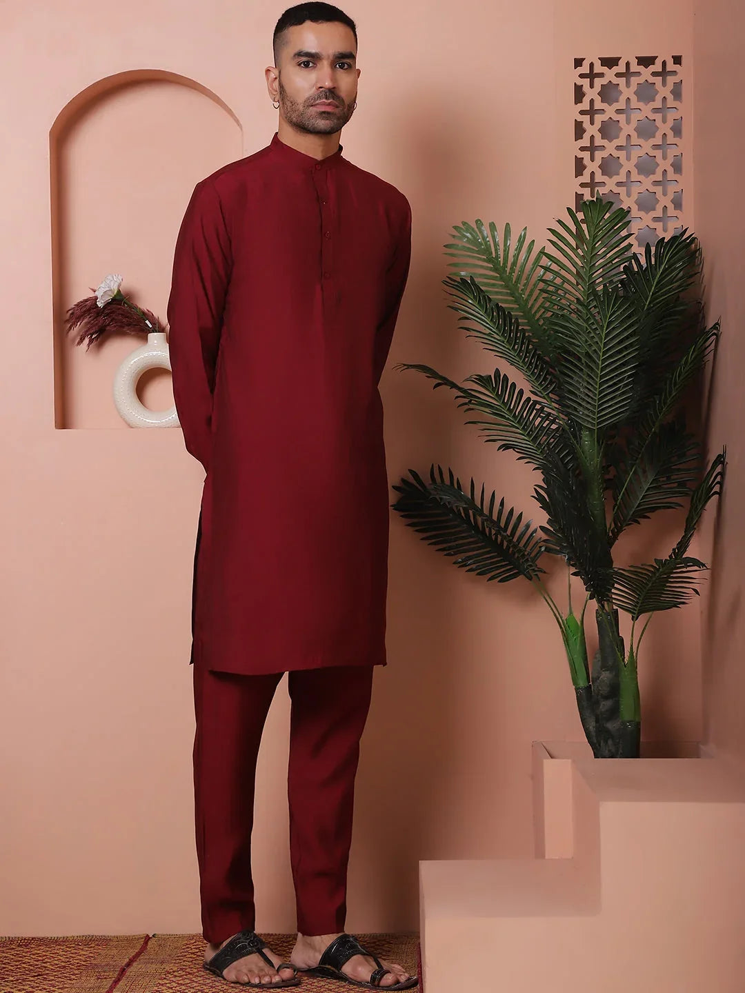 Solid Silk Blend Kurta with Churidar-JOKP-592Maroon