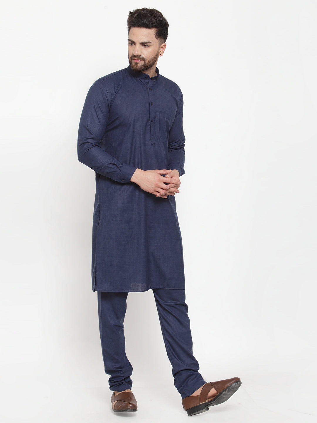 Men's Solid Cotton Kurta Payjama Set-JOKP-592Navy