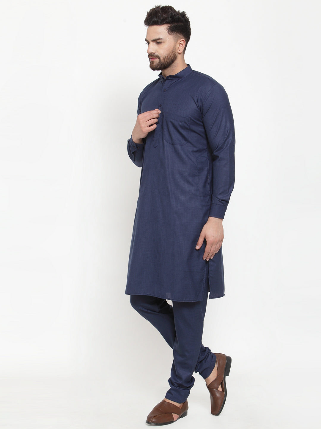 Men's Solid Cotton Kurta Payjama Set-JOKP-592Navy