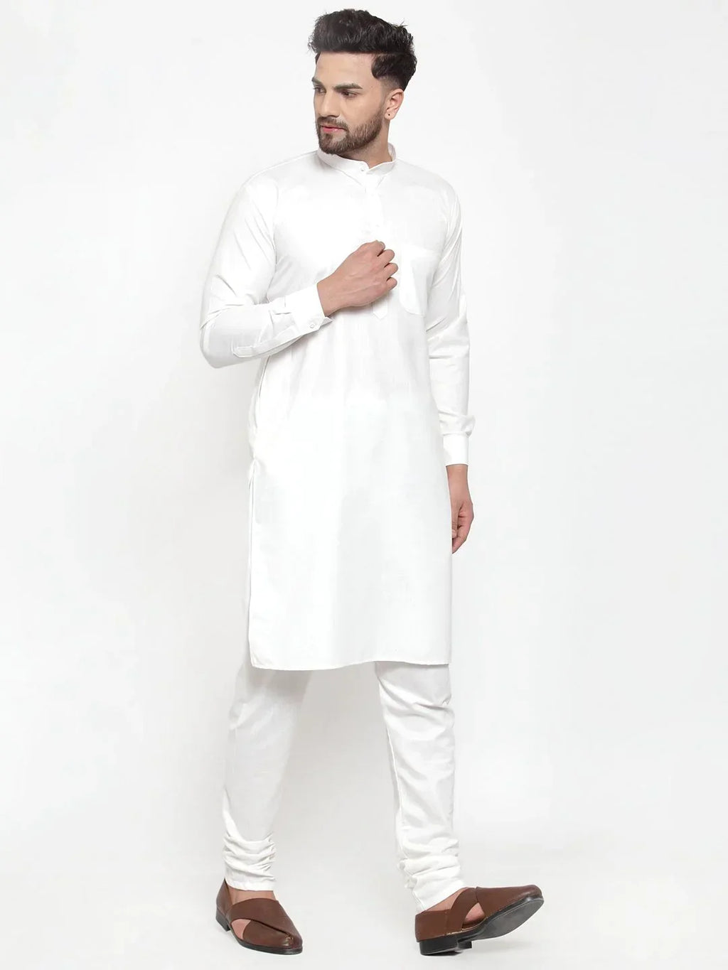 Men White Solid Kurta with Churidar ( JOKP 592 White )-JOKP-592