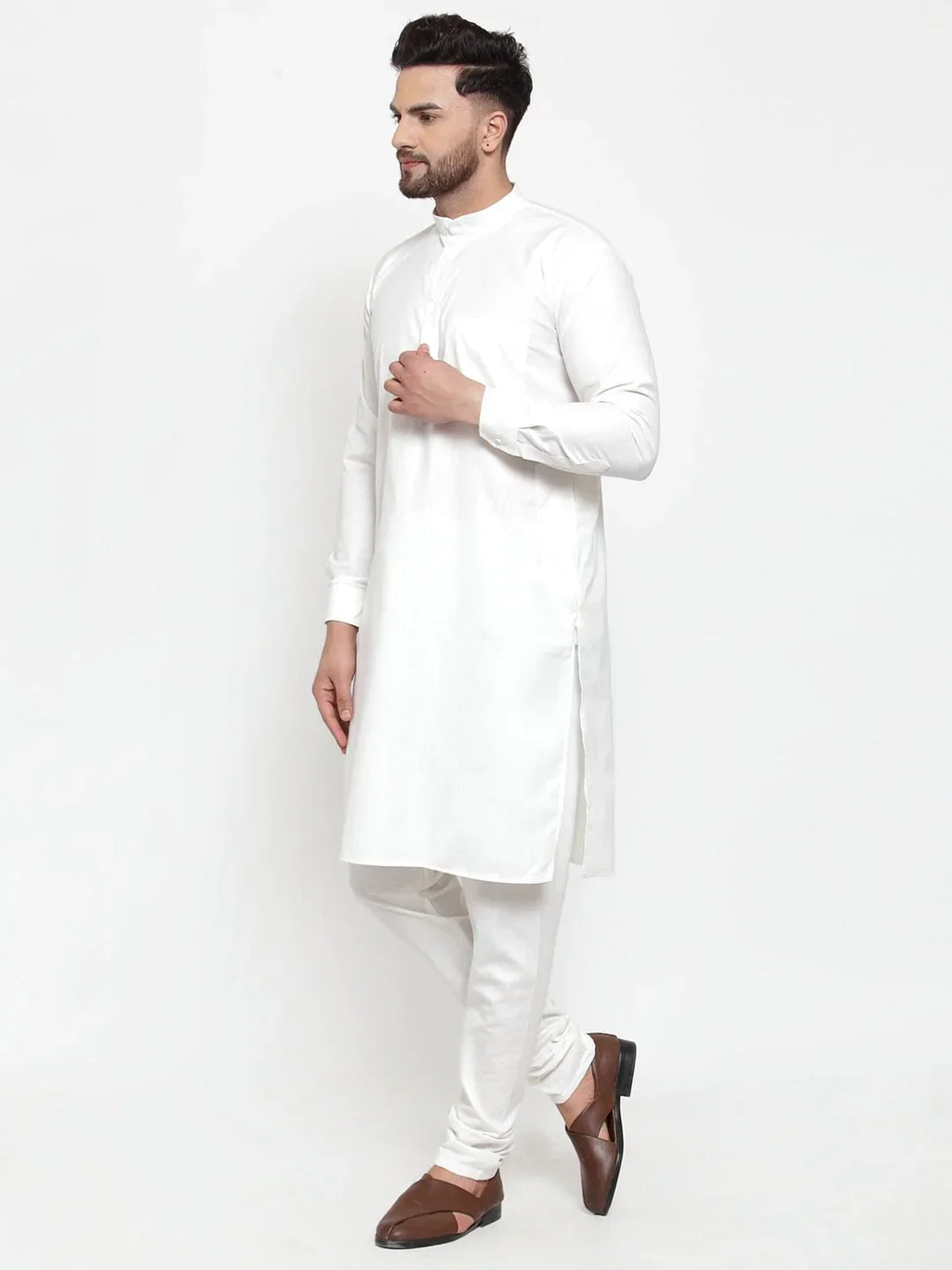 Men White Solid Kurta with Churidar ( JOKP 592 White )-JOKP-592