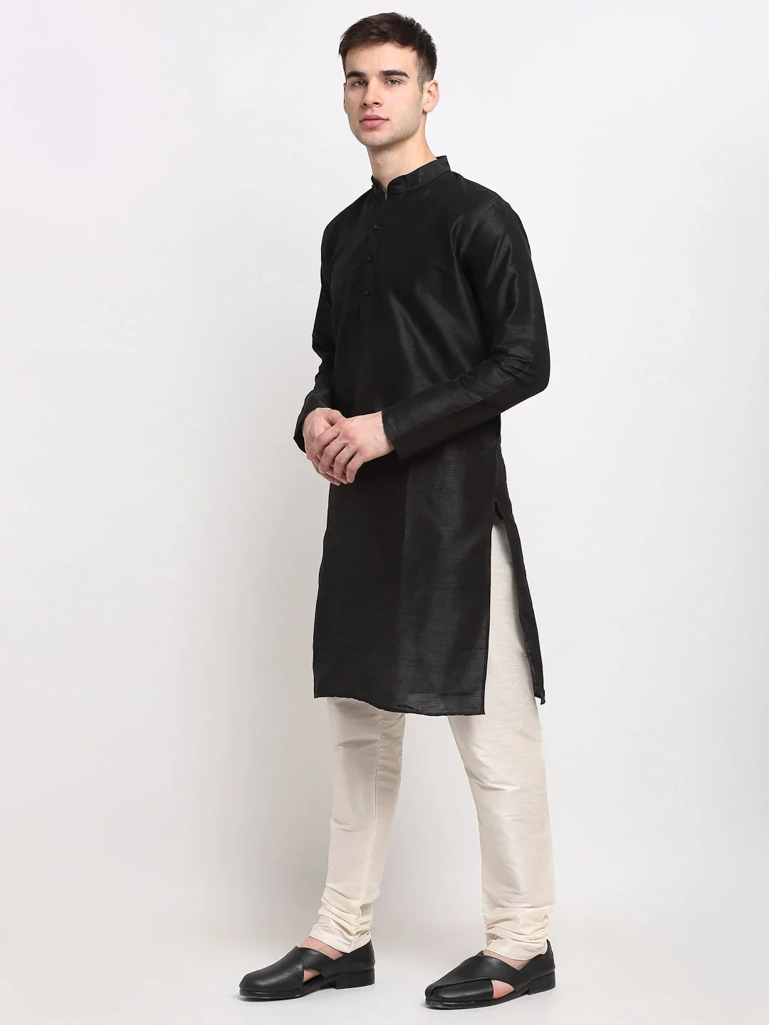 Men's Black Solid Dupion Silk Kurta Only