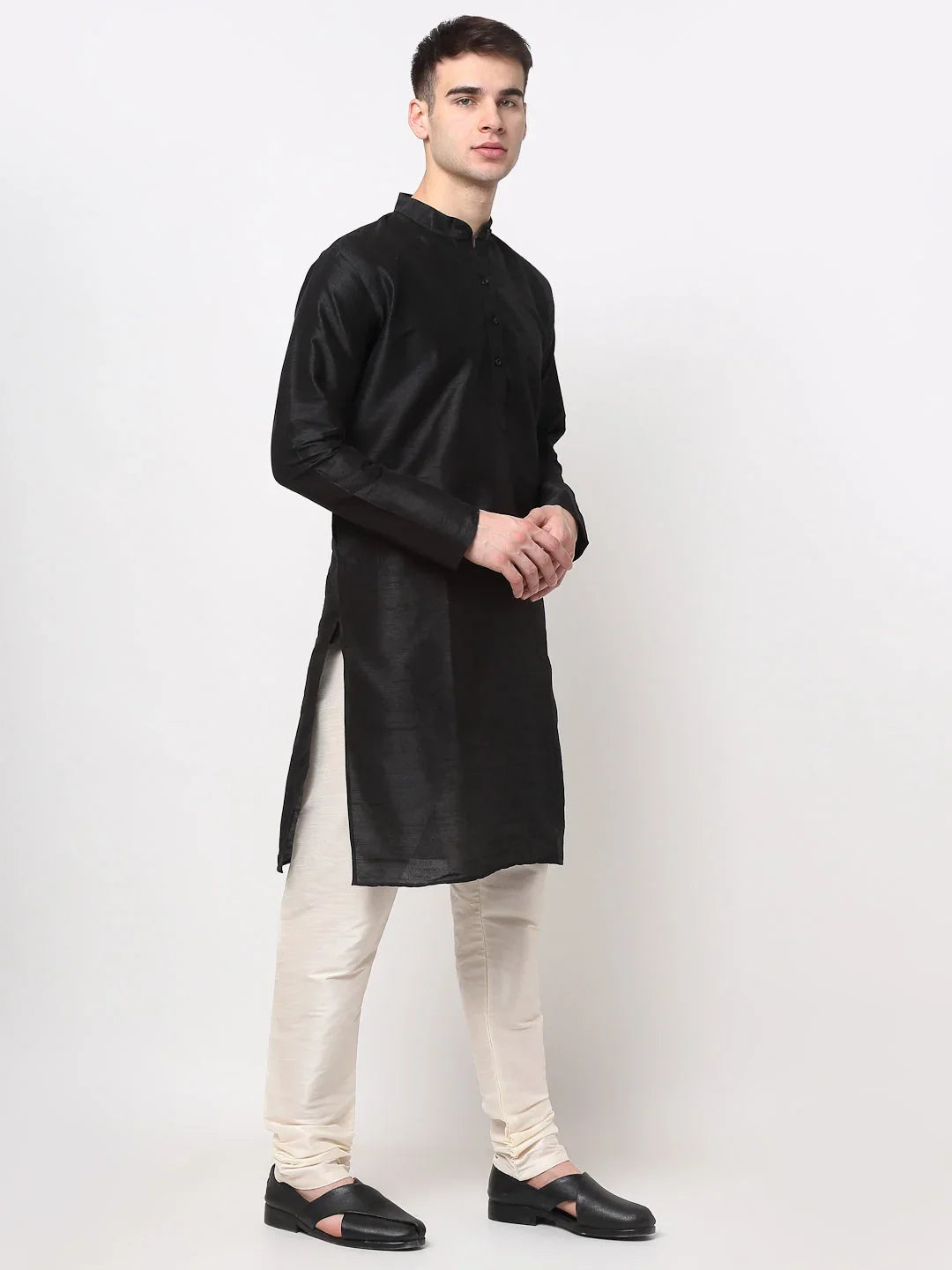 Men's Black Solid Dupion Silk Kurta Payjama Set