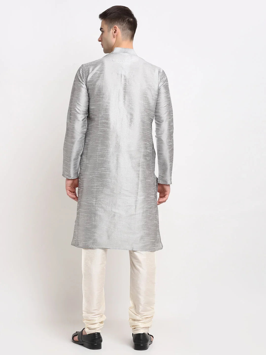 Men's Silver Solid Dupion Silk Kurta Payjama Set
