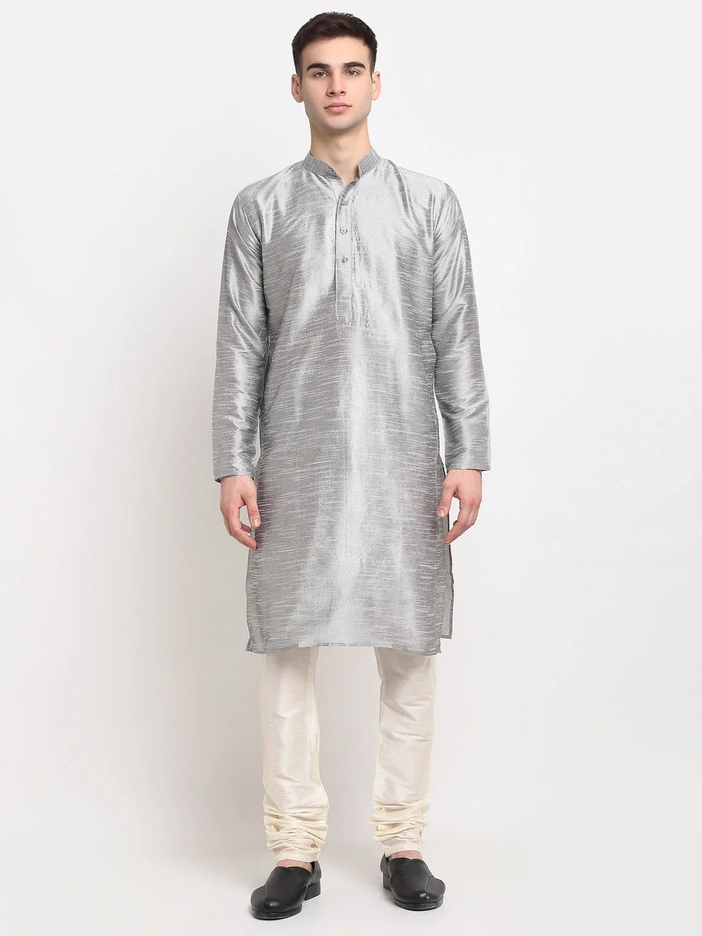 Men's Silver Solid Dupion Silk Kurta Payjama Set