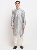 Men's Silver Solid Dupion Silk Kurta Payjama Set