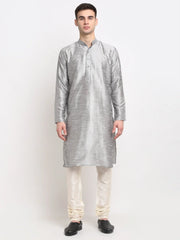 Men's Silver Solid Dupion Silk Kurta Payjama Set