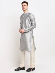 Men's Silver Solid Dupion Silk Kurta Payjama Set