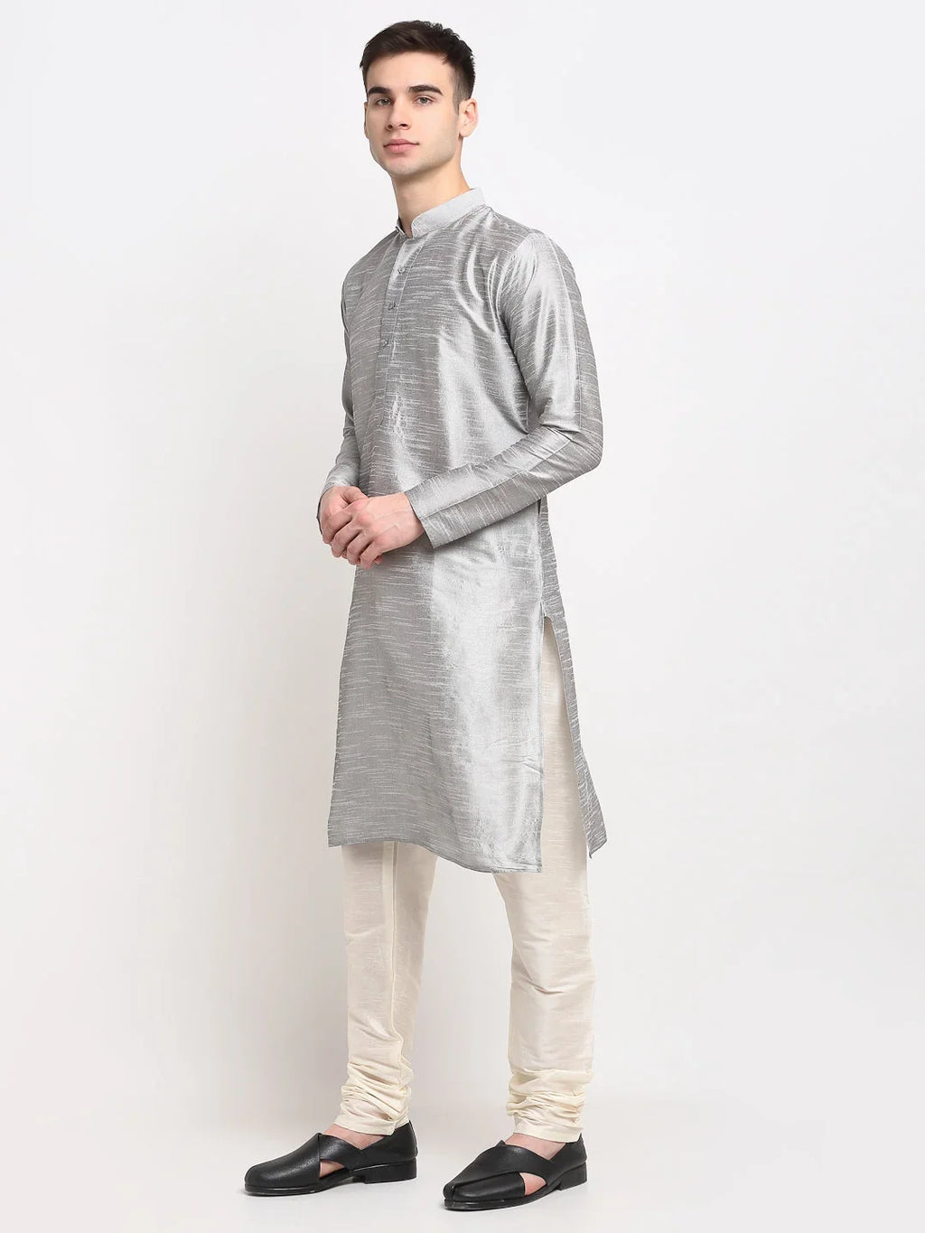 Men's Silver Solid Dupion Silk Kurta Only