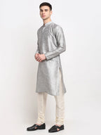 Men's Silver Solid Dupion Silk Kurta Only