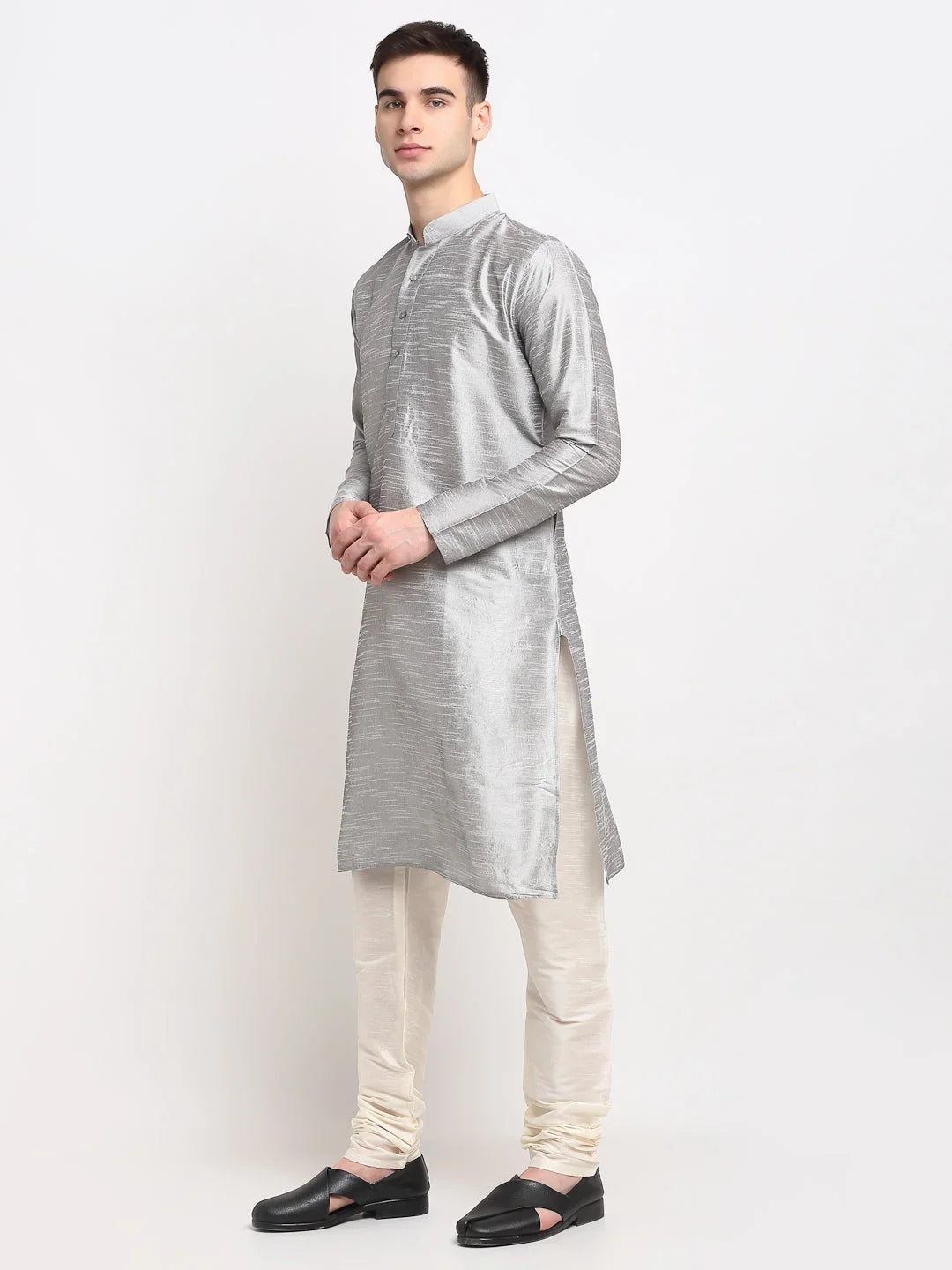Men's Silver Solid Dupion Silk Kurta Only