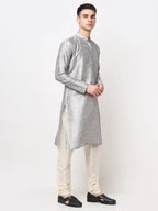 Men's Silver Solid Dupion Silk Kurta Payjama Set