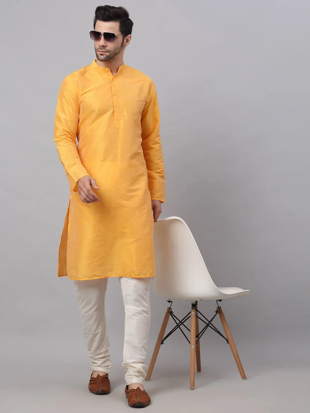 Men's Solid Dupion Silk Kurta Payjama Set ( JOKP 636Yellow )-JOKP-636