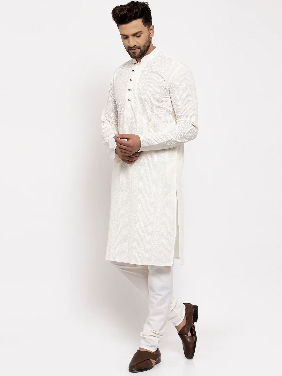 Men Cream Embroidered Kurta with Pyjamas ( JOKP 640 Cream )-JOKP-640