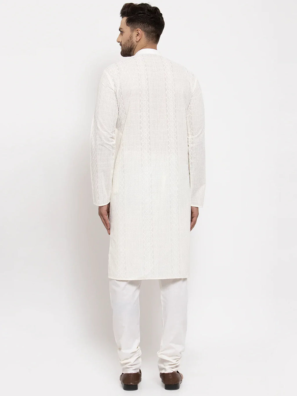 Men Cream Embroidered Kurta with Pyjamas ( JOKP 640 Cream )-JOKP-640