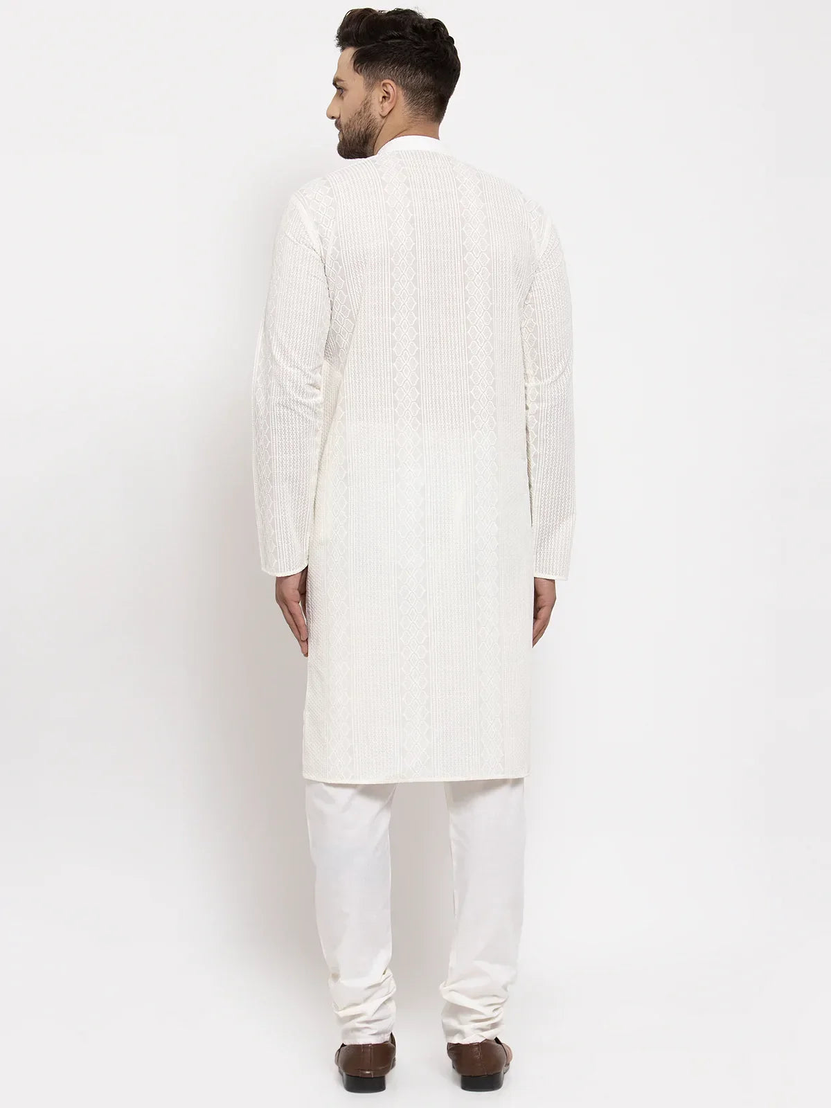 Men Cream Embroidered Kurta with Pyjamas ( JOKP 640 Cream )-JOKP-640