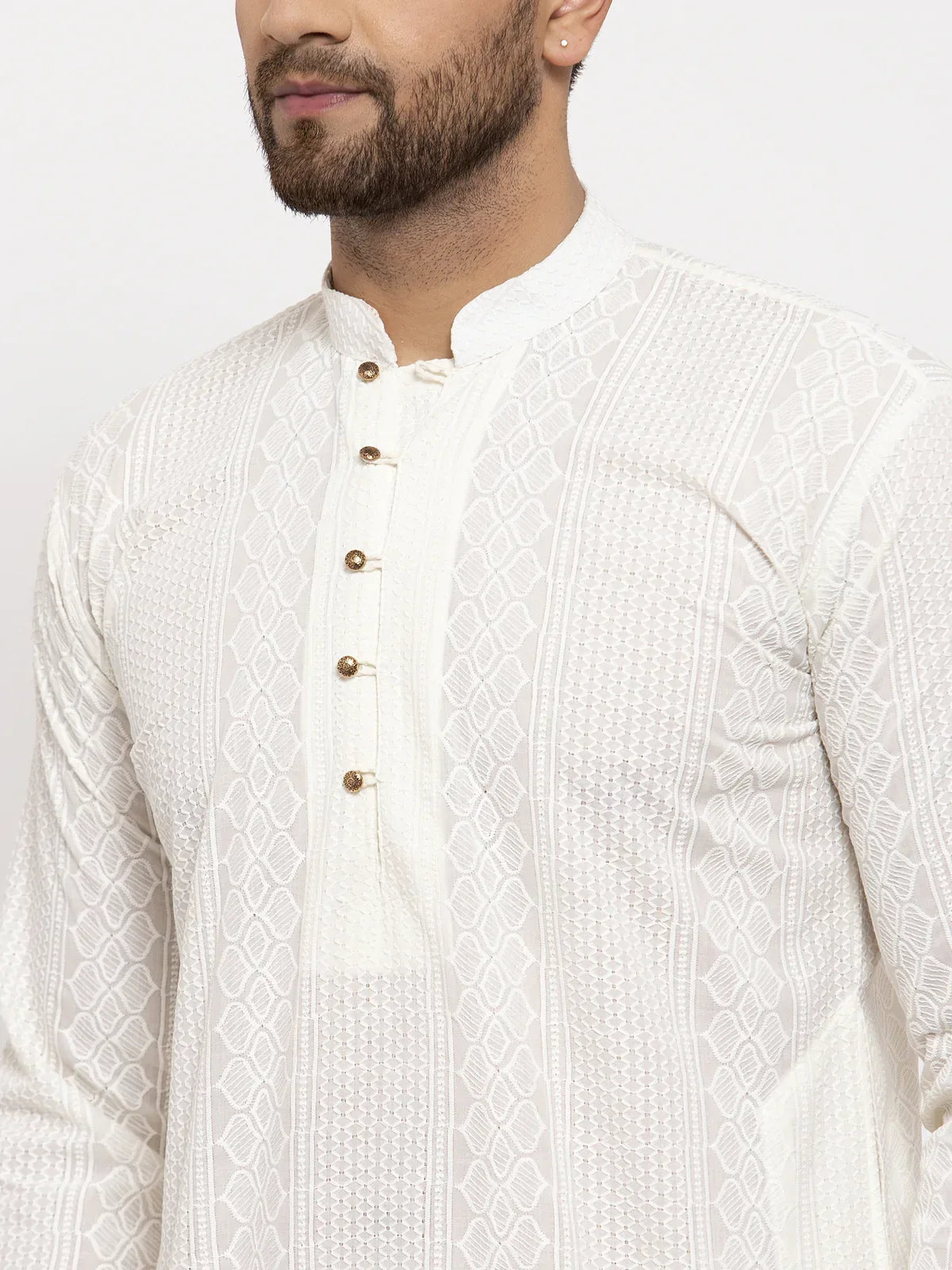 Men Cream Embroidered Kurta with Pyjamas ( JOKP 640 Cream )-JOKP-640