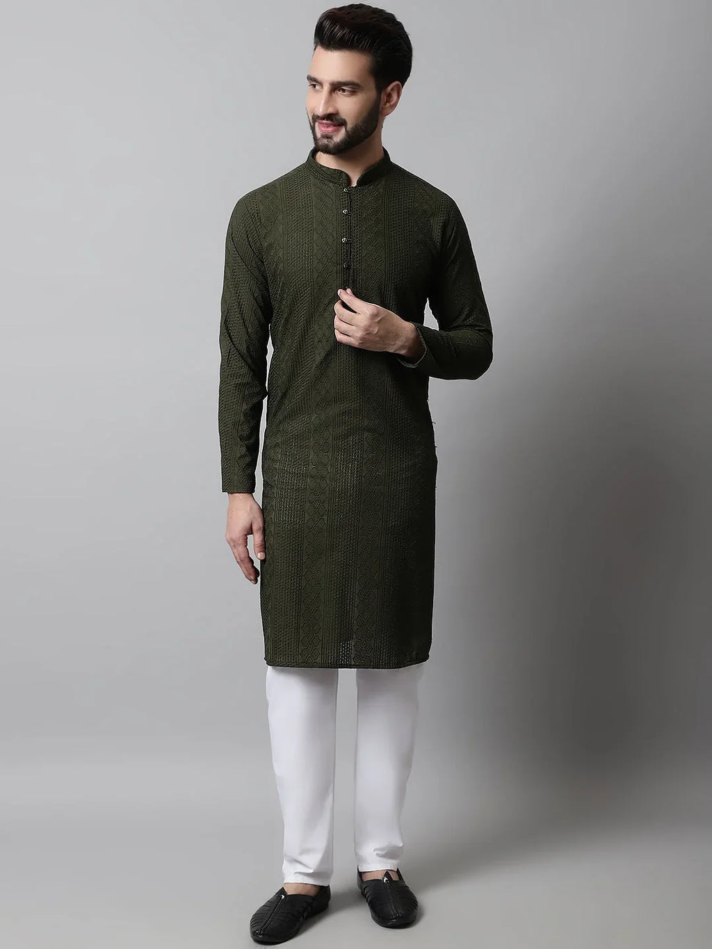 Men's Embroiderd Kurta Pajama ( JOKP 640Olive )-JOKP-640
