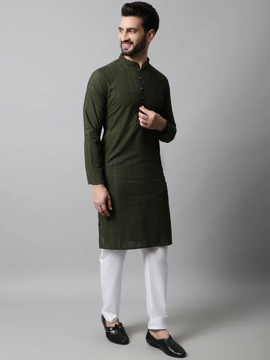 Men's Embroiderd Kurta Pajama ( JOKP 640Olive )-JOKP-640