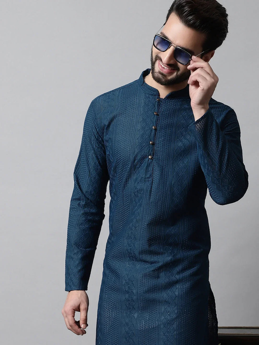 Men's Embroiderd Kurta Pajama ( JOKP 640Teal )-JOKP-640