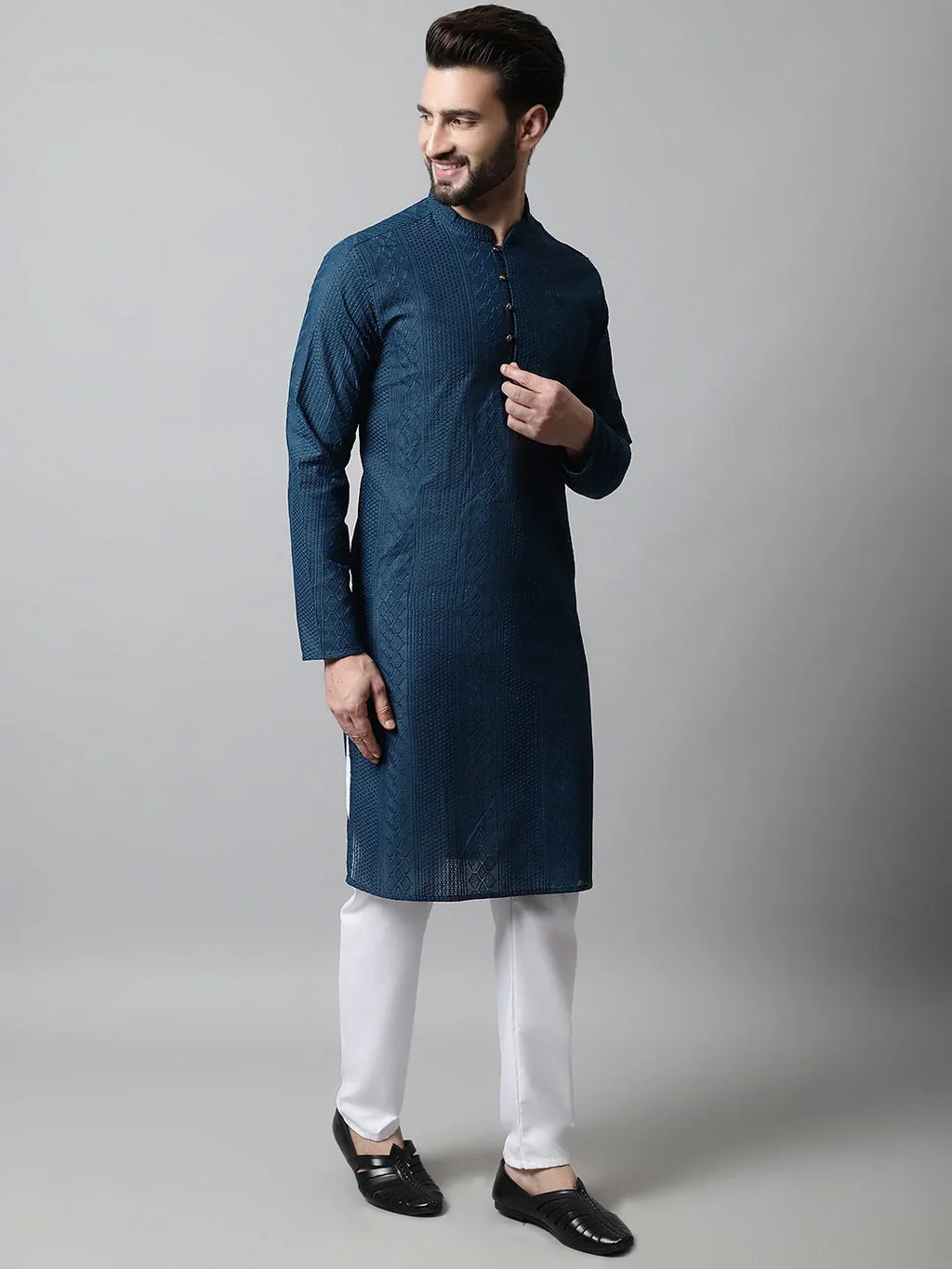 Men's Embroiderd Kurta Pajama ( JOKP 640Teal )-JOKP-640