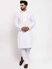 Men White Embroidered Kurta with Pyjamas ( JOKP 640 White )-JOKP-640