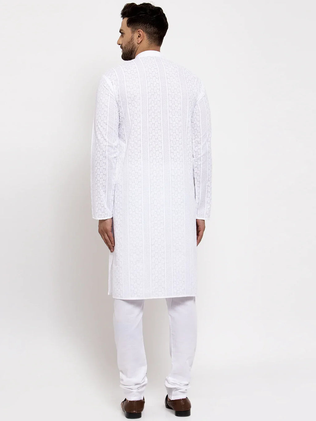 Men White Embroidered Kurta with Pyjamas ( JOKP 640 White )-JOKP-640