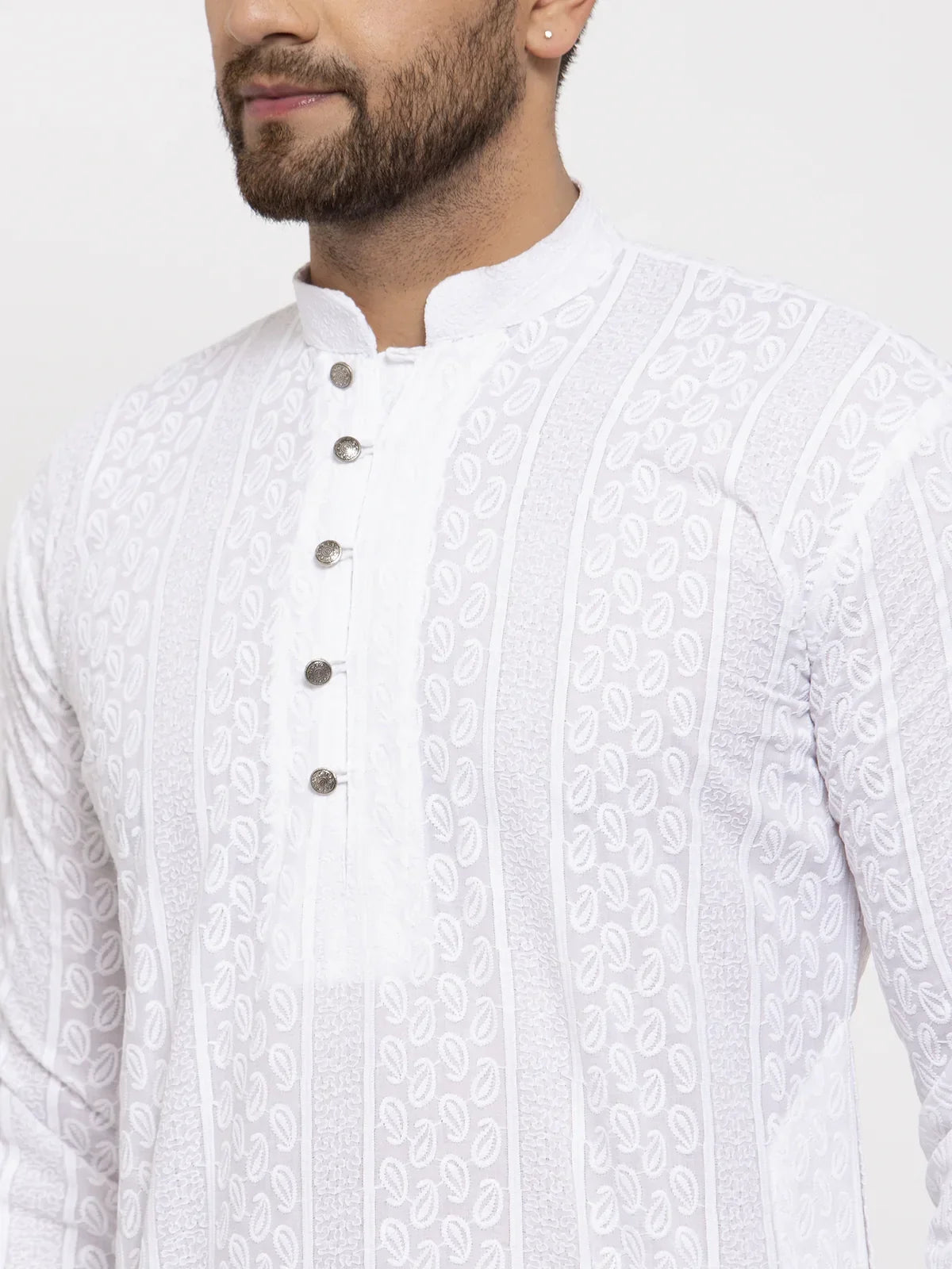 Men White Embroidered Kurta with Pyjamas ( JOKP 640 White )-JOKP-640