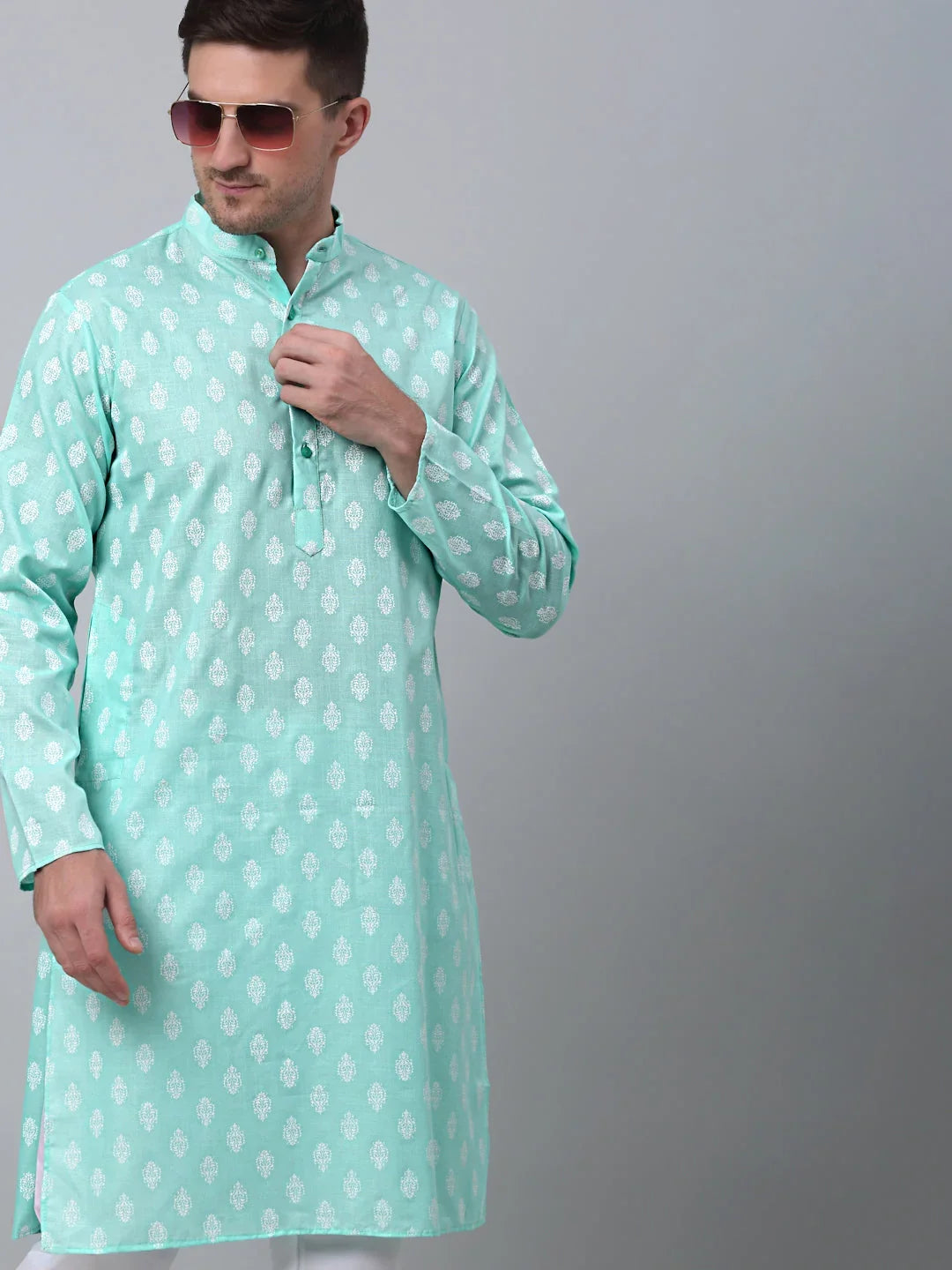 Men's Green Cotton Floral printed kurta Pyjama Set